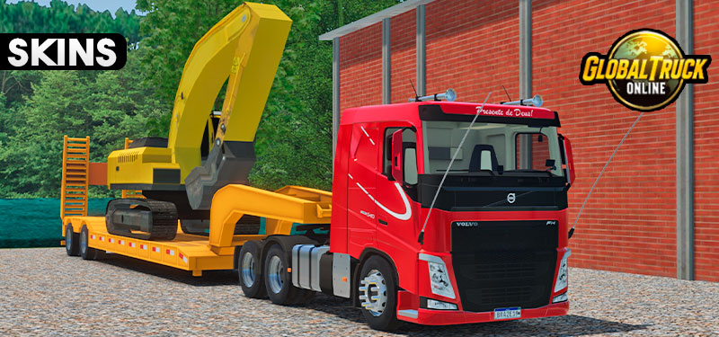 Skins Volvo FH Vermelho Faixas Top Class na Carreta Prancha