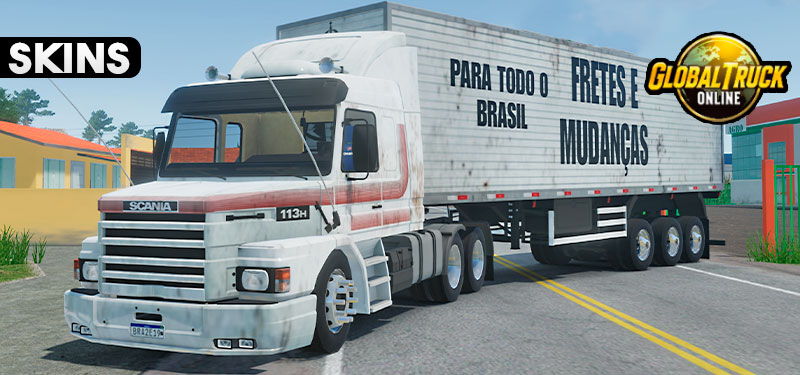 Skins Scania 113 Branca Faixas Vermelhas no Bau Fretes e Mudanças