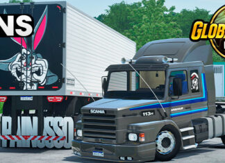 Skins Scania 113 Cinza Com Faixas Azul no Bauzao Conjunto Qualificado