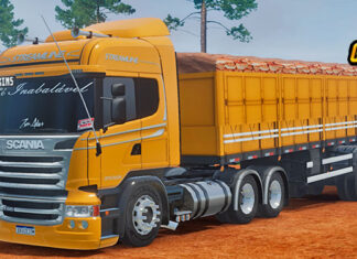 Skins Scania R STREAMLINE Amarela no Bitrem Tampa Alta Carregado de Batatas