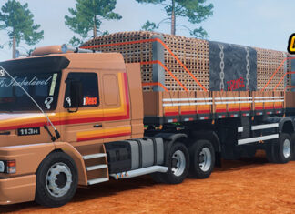 Skins Scania 113 Bege Com Faixas no Bitrem Carregado de Paletes
