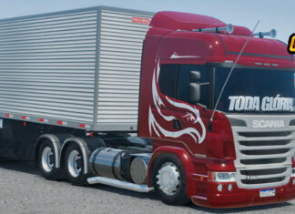 Skins Scania R Vermelha Faixas DreamLine no Bau Madruga