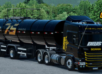 Skins Scania R Preta Qualificada na Careta Tanque Randon 75 Anos