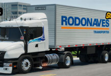 Skins Scania 124G Branca Faixa Azul no Bau RTE Rodonaves