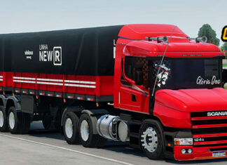 Skins Scania 124G Vermelha Com Faixas Preta no Bitrem LINHA NEW R