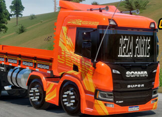 Skins Scania P320 Laranja Exclusiva Faixa JESUS ‘EXCLUSIVA’